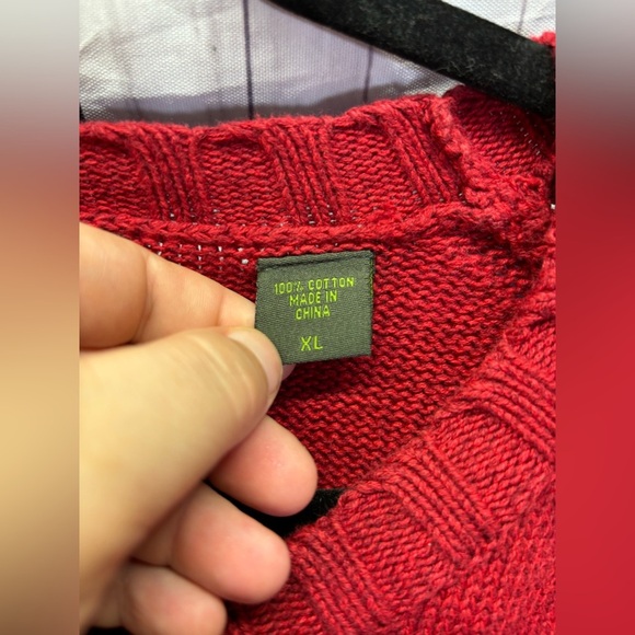 Timberland Red Cable Knit Sweater 100% Cotton Heavy Ribbed Weave Pullover XL - Picture 2 of 7